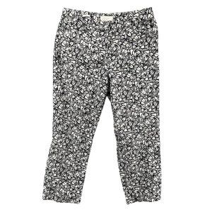 Talbots Floral Linen Blend Pants Womens Black White Curvy Flat Front Size 10